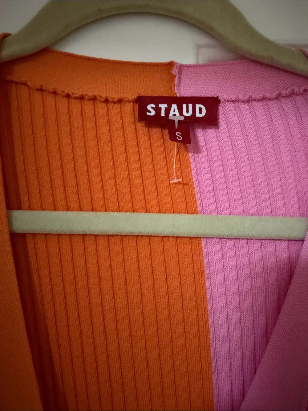 STAUD Two-Tone Ribbed Button-Front Midi Dress in Orange & Pink - Picture 2 of 4